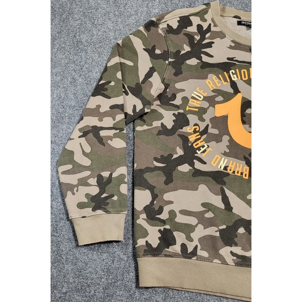 True Religion Camo Crewneck Sweatshirt Men's Green Military Pullover Sz X-Large